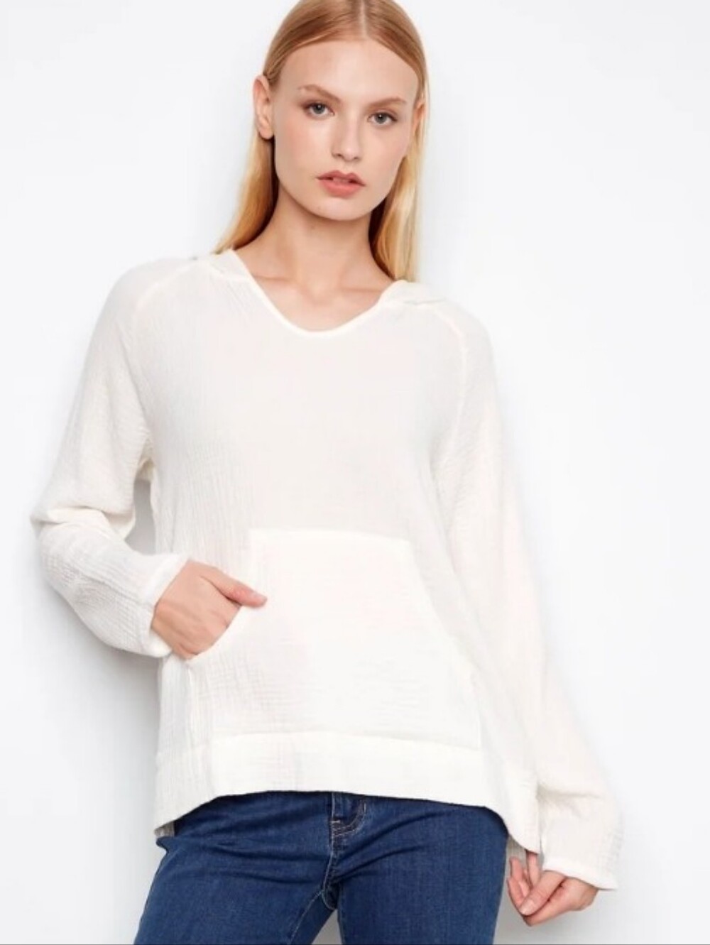 Charlie B Double Gauze Bubble Crinkle Cotton Hoodie White Long Sleeve Size XS